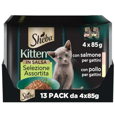 Image de Sheba Kitten Sélection Assortie en Sauce au Saumon et Poulet, Nourriture Humide complète pour Chatons, 52 sachets de 85 g
