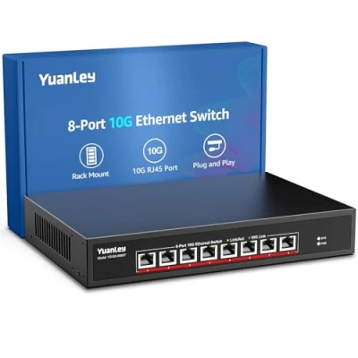 Image de YuanLey 10G Switch Ethernet 8 Ports RJ45 10Gbps, Supportant la Vitesse 10G/5G/2.5G/1G/100M Auto Négociation, Capacité de Commutation 160G, Commutateur Non Administré, Montable en Rack, Plug and Play