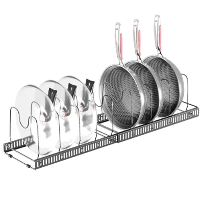 Image de Porte casseroles Support Extensible, Organiseur/rang de Poêle avec 10 Compartiments Réglables, rangement cuisine pour Les Ustensiles Cuisines Poêles, Casseroles, Couvercles