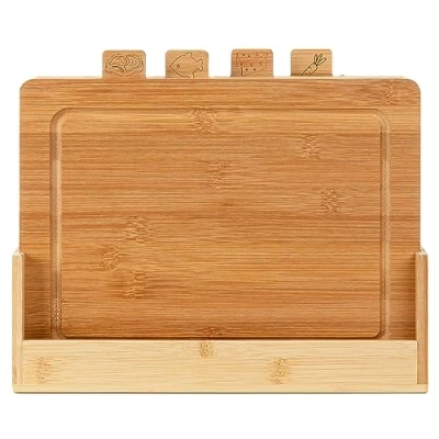 Image de FLORINA Ensemble de 4 Planches à Découper en Bambou avec Support CHEF I Naturelles Rigoles pour Jus Antibactériennes Universelles Fromage, Viande, Fruits, Légumes