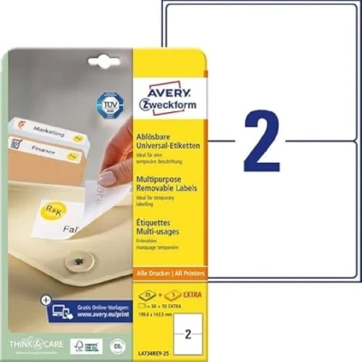Image de AVERY 50 Étiquettes Amovibles Blanches Personnalisables Format 199,6 x 143,5 mm Impression Laser et Jet d&#039;Encre