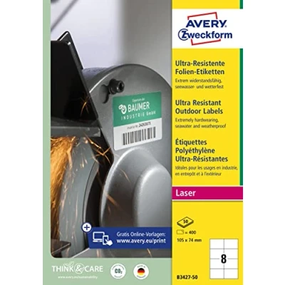 Image de AVERY Zweckform B3427 50 Lot de feuilles d&#039;étiquettes autocollantes très résistantes pour surfaces difficiles 105 x 74 mm Format A4 Blanc
