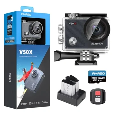 Image de AKASO V50 X Caméra de Sport avec Carte Mémoire microSDXC U3 64 Go, Action Camera 4K 30FPS Ultra Full HD Stabilisateur Télécommande Écran Tactile Angle Réglable Kit d&#039;Accessoires