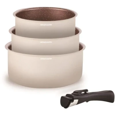 Image de Set de 3 casseroles ARTHUR MARTIN AM2655 16 18 20 cm + 1 poignée amovible Tous feux dont induction