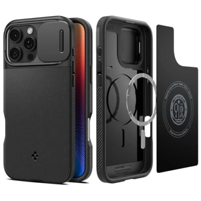Image de Spigen Coque pour iPhone 16 Pro, Optik Armor MagFit, [Cache Objectif] 6,3 Pouces Noir