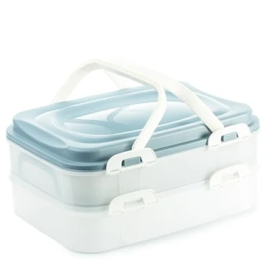 Image de Boîte de transport rectangulaire à 2 étages pour gâteaux et cupcakes/muffins avec insert levage + couvercle poignées fermetures clic 40 x 30 18 cm Fabriquée en UE