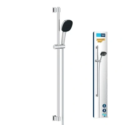 Image de GROHE Vitalio Comfort 110 Ensemble de Douche (Pommeau Cube 11cm 3 jets (Pluie/Stimulant/Massage), Barre 90cm, Flexible 1.75m), Economie d&#039;Eau, A coller avec QuickGlue ou à visser, Chromé, 26932001