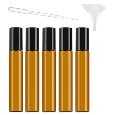 Image de Mnixy Lot de 5 flacons à bille rechargeables en verre ambré marron 10 ml avec boules rouleau acier inoxydable Inclus 1 entonnoir et pipette plastique