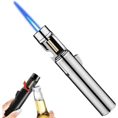 Image de Airbrush Windproof Lighter,Portable Adjustable Refillable Butane Jet Lighter, 2 in 1 Flame Lighter with Bottle Opener, Gas Storm for Kitchen, Grill (Sliver)