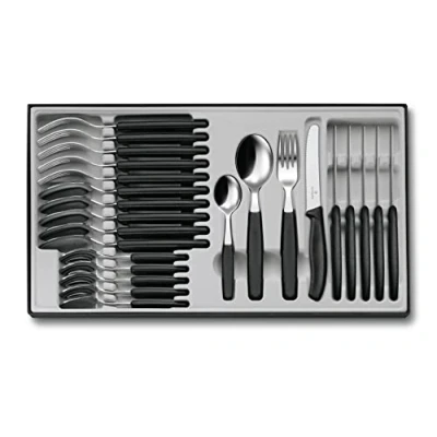 Image de Victorinox Swiss Classic, Couverts de table professionnels, 24 pièces, Lame extra tranchante, Taille crantée, 11 cm, Acier inoxydable, noir