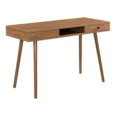 Image de Bureau Stylé à Tiroir Table Rectangulaire Design avec Pieds en Métal Panneau de Particules 74 x 115 48 cm Effet Bois Foncé
