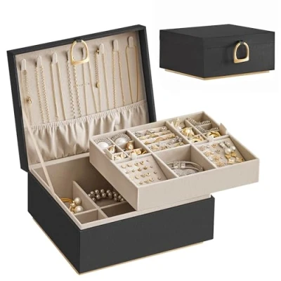 Image de SONGMICS Boîte à Bijoux 2 Niveaux, Coffre avec Poignée, Plateau Flexible, Écrin Rangement d’Accessoires, Effet Flottant, 20,5 x 24 11 cm, Noir JBC165B01
