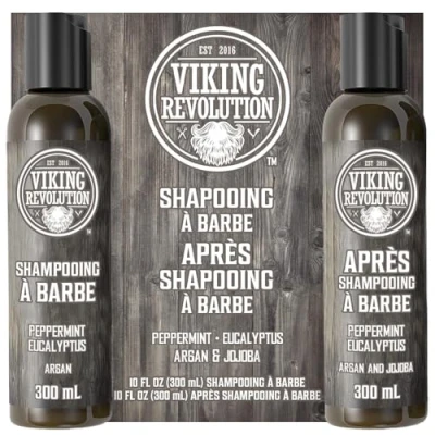 Image de Viking Revolution Shampoing Barbe Homme &amp; Après Shampooing Huile d&#039;Argan de Jojoba Adoucit Renforce Parfum Menthe Poivrée Eucalyptus 300 ml x 2