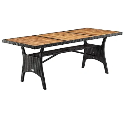 Image de Table de jardin polyrotin Noir avec compartiment plaque en bois d&#039;acacia pré huilé hauteur réglable résistante aux intempéries