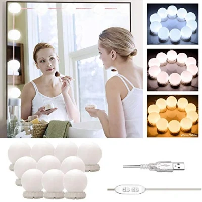 Image de Lumière de Miroir, Hollywood Kit LED, 10 Ampoules Lampes Maquillage Guirlande, USB Coiffeuse Lampe Cosmétique avec Marches Luminosité &amp; 3 Modes (Miroir Non Inclus Adaptateur)