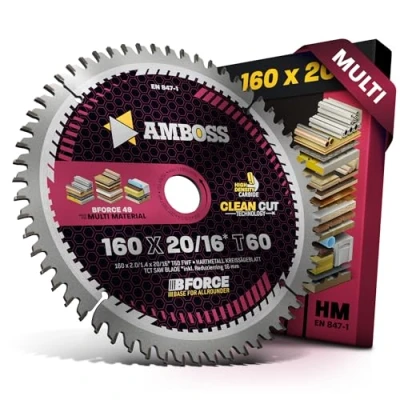 Image de AMBOSS WERKZEUGE® Lame de scie circulaire HM, 16 Z60, à dents plates, pour coupes fines multiples,160 x 20/16 mm, chanfrein alternatif, avec bague réduction, Bosch PKS 55 A, Metabo KS 55,