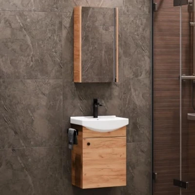 Image de Planetmöbel Ensemble de meubles salle bain composé d&#039;un lavabo, lavabo et d&#039;une armoire à miroir, pour d&#039;invités, couleur chêne doré