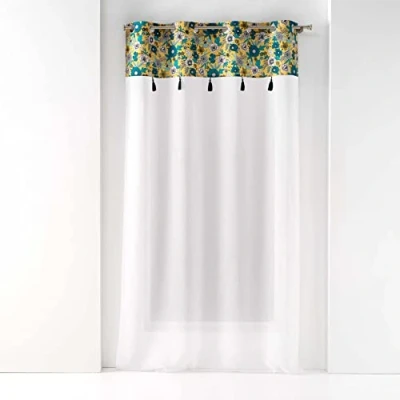Image de douceur d&#039;intérieur, Voilage à Oeillets (140 x 240 cm) Bohoflora Jaune, Voile Sablé Finition Top Imprimé et Pompon