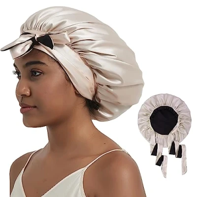 Image de Hat Hut Bonnet de Nuit en Satin Soie pour Cheveux Bouclés Dormir Réversible à Deux Couches avec Bande Nouer Femmes (FR/ES, Alpha/Lettres, Taille Unique, Champagne/Noir)