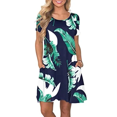 Image de AUSELILY Femmes Robes D&#039;été à Manches Courtes Décontracté T Shirt Robe Ample Courte avec Poches Imprimé Bleu L