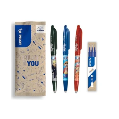 Image de PILOT x One Piece Lot de 3 Frixion Ball, Noir, Bleu, Rouge + 1 Set recharges bleues 4 Stickers Stylos Effaçables Édition limitée rollers rechargeables Pointe Moyenne