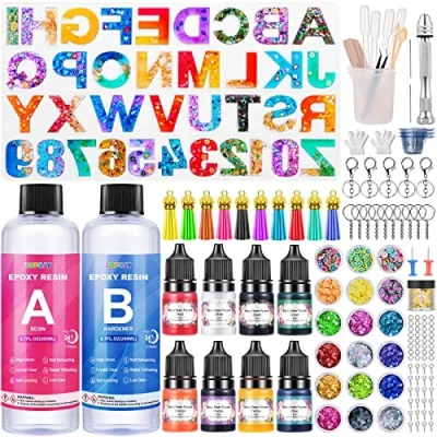 Image de ZOPALY Resine Epoxy Kit, 192 Pcs Kit Résine Complet avec Alphabet et les Chiffres Moule pour Portes Clés, Fabrication de Bijoux, Colorant Epoxy, Paillettes