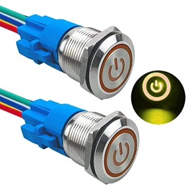 Image de Aiqeer 2 Pièces 19 mm Commutateur Bouton Poussoir Auto Bloquant, 12V / 24V 5A Interrupteur à en Acier Inoxydable Étanche IP67, avec Prise Pré Câblée (LED Jaune)