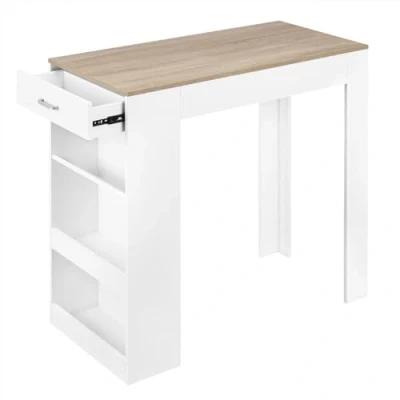 Image de WOLTU Table de Bar, Haute Cuisine, Haute, à Manger, avec 1 Tiroir et 3 Compartiments Ouverts, en Bois d&#039;Ingénierie, Blanc+Chêne Clair, 100x50x100cm, BT47whe