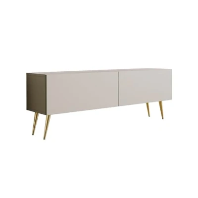 Image de Meuble TV : deux portes, étagères, cachemire, pieds dorés, D L 140 cm, H 52 P 32 cm
