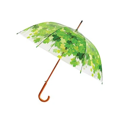 Image de Le Monde du Parapluie TP158 Canne Transparent Imprimé Feuilles Vertes pour Femme Système d&#039;ouverture Automatique Poignée de Qualité en Bois Diamètre 93 cm Multicolore