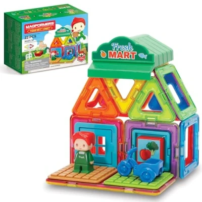 Image de Magformers Town Minimarket Set. Magnetic Building Blocks Make Different Shops with Play Character. STEM Toy and Roleplay for Creativity.