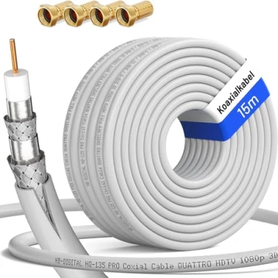 Image de HB DIGITAL 15m Câble Coaxial HQ 135 d&#039;Antenne 135dB SAT 8K 4K UHD 4 Fois Blindé Pour les Systèmes DVB S / S2 C C2 T T2 DAB+ Radio BK + F Plug GRATUIT