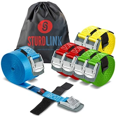 Image de STURDLINK X8 Sangles d&#039;Arrimage 25mm 250daN avec Boucle à Came et Attache 2x2m 2x3m 2x4m 2x5m + Sac, pour Fixation Serrage sur Porte Vélo, Coffre Barres de Toit Voiture, Remorque, Déménagement