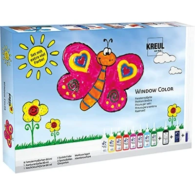 Image de KREUL 42752 Window Color Set de peinture pour fenêtres avec 8 bouteilles (80 ml), 1 bouteille contours ml) (noir) et bien plus encore