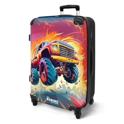 Image de NoBoringSuitcases.com Valise Enfant, Grande Valise, Enfant Garcon, Roulette, Serrure TSA, 23kg, Taille M, (67cm 72L), (Camion Monstre Orange Rose)
