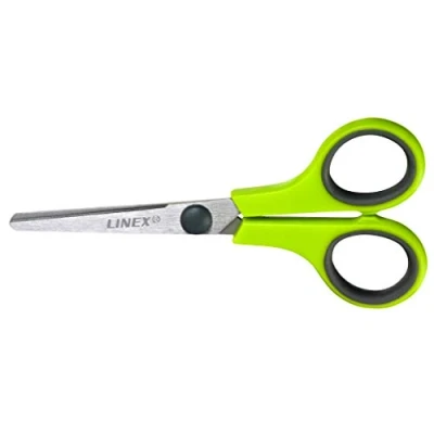 Image de Linex 400100562 Ciseaux enfants en acier inoxydable, longueur 14 cm, pointe arrondie, Coupe précise, frappe Poignée Solide plastique ABS, pomme avec des applications Gris inoxydable