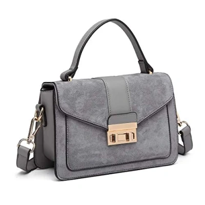 Image de Miss Lulu Petit Sac à Main Bandouliere de Femme, Rabat avec Boucle Métallique Carrée, Élégant en Daim et Cuir PU Épaule(Gris)