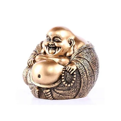 Image de lachineuse Statuette Gros Bouddha Rieur Traditions Bouddhistes Porte Bonheur, Chance &amp; Prospérité Suetuette en Résine Doré 15 x cm Idée Déco Cadeau Chine, Asie
