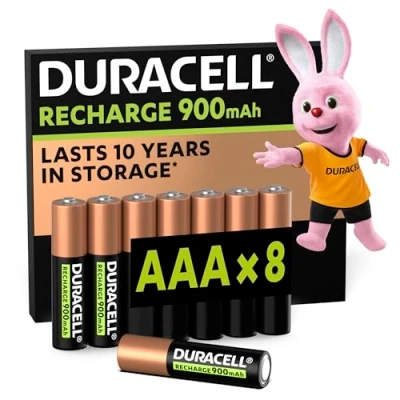 Image de Duracell rechargeables piles AAA (lot de 8 piles), 900 mAh, NiMH, pré chargées, Nos qui durent le plus longtemps, un packaging recyclable 0% plastique