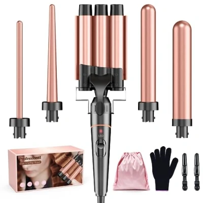 Image de Ensemble de fer à friser 3 barils Fers 5 en 1 BESTOPE PRO Grandes boucles Bigoudis céramique avec 2 clips