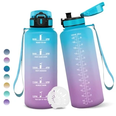 Image de Gourde, 1500ML Sans BPA, Gourde sport, Avec Horodatage, Bouteille, Conception de Verrouillage Anti Fuite, Bouteille Plastique pour bureau, En cours d&#039;exécution, Escalader Des Montagnes Bleu&amp;viol&amp;