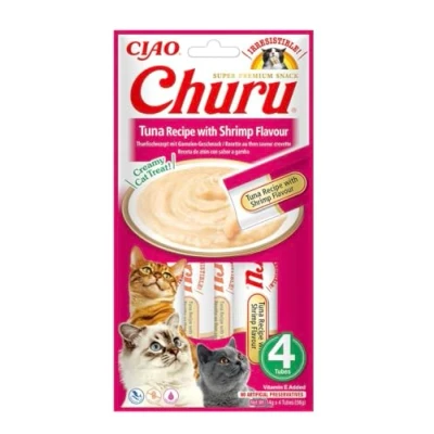 Image de INABA Churu Friandises pour Chats en Purée au Thon &amp; Crevettes Délicieux Snacks Félins Texture Lisse et Onctueuse Nourriture 4 Tubes x 14g