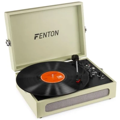 Image de Fenton RP118C Platine Vinyle Valise Bluetooth avec Haut Parleurs Intégrés, Style Cuir Couleur Crème, Emetteur Bluetooth, Lecture 33, 45 et 78 Tours, Idéal pour Décorer Écouter Vos Vinyles