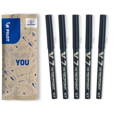 Image de PILOT Lot de 5 V7 Stylos Roller à Encre Liquide Pointe Fine pour une Écriture Fluide et Précise Séchage rapide, ne fuit pas Noir Moyenne (0,7mm)