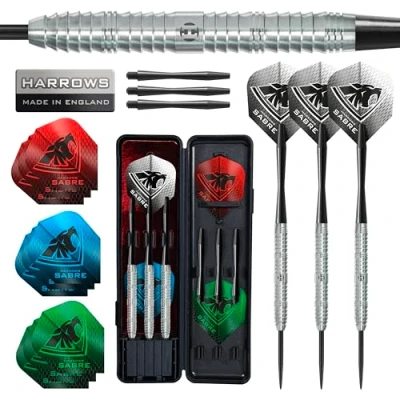 Image de Harrows Sabre Jeu de fléchettes 90 % tungstène pointe en acier I 21 g à 26 Tous poids disponibles énorme lot 24 pièces avec tiges rechange, ailettes Prime et étui voyage (24 g)