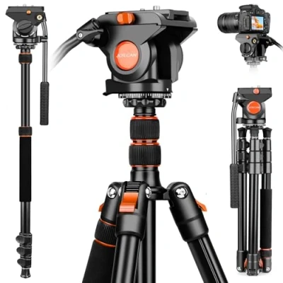 Image de JOILCAN 183cm Trépied Vidéo pour Caméras, Appareil Photo Résistant avec 360 &amp; +90/ 70 Tête Fluide DSLR/Caméscopes, Trepied et Monopods en Alliage d&#039;Aluminium, Charge Jusqu&#039;à 13.6kg