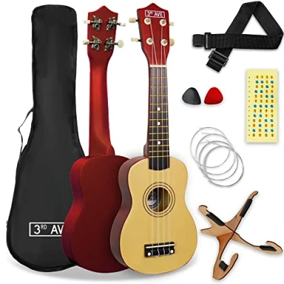 Image de 3rd Avenue Pack Ukulélé Soprano 53 Cm pour Débutants Housse, Stand, Sangle, Cordes, Médiators et Repères Autocollants Naturel