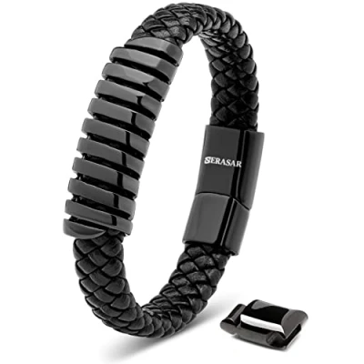 Image de SERASAR 20cm Noir Homme Cuir Bracelet Acier Inoxydable Véritable Multi Tissé Réglable Les Hommes Chaîne Tressé Accessoire Jeune Garcon Bijou Jewelry Luxe Cadeaux Saint Valentin Argent Large Classic