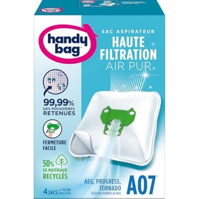 Image de Handy Bag Sacs aspirateur A07 x4sacs AEG, Progress,Tornado 99,99% des poussières retenues Fermeture facile Filtre anti allergène 50% de matériaux recyclés ou renouvelables