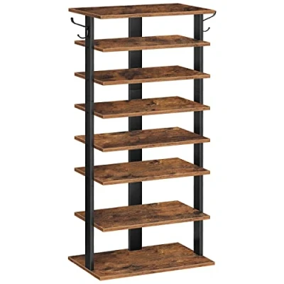 Image de HOOBRO Étagère à Chaussures 8 Niveaux, Porte avec 2 Crochets, Meuble Chaussures, Gain de Place, Stable, pour Entrée, Salon, Chambre, Marron Rustique et Noir EBF750XJ01